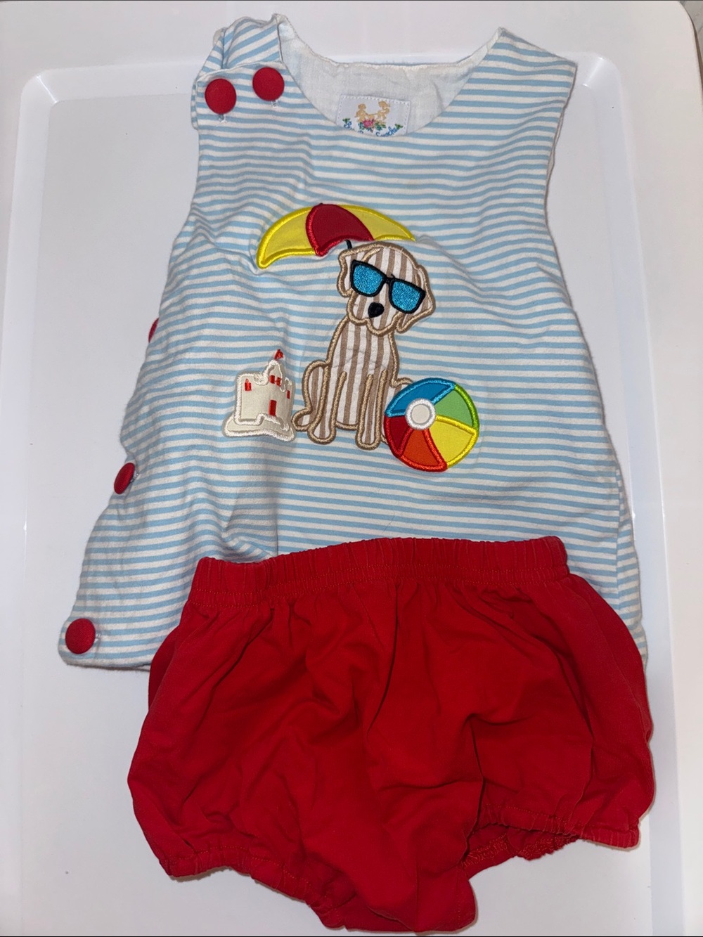 Striped Blue Puppy Beach Matching Set with Red Bloomers